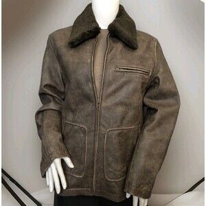 RARE LL BEAN Leather Aviator Jacket Womens PetiteM Brown Removable Sherpa Collar